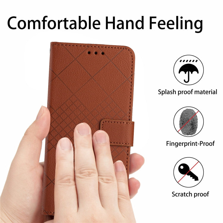 Brown leather phone case for Sony Xperia 1 V with rhombic grid texture, showcasing its stylish design and functional features.