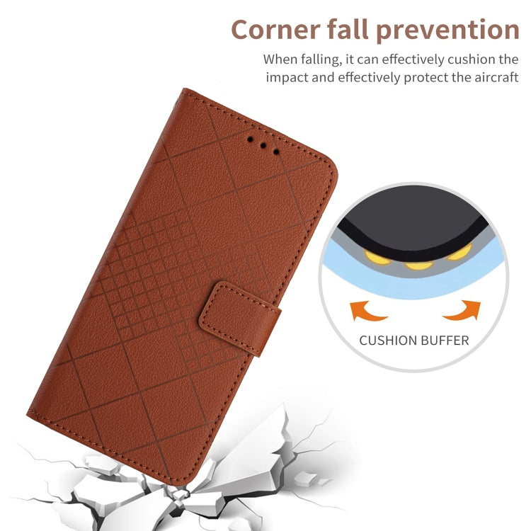 Brown leather phone case for Sony Xperia 1 V with rhombic grid texture, showcasing its stylish design and functional features.