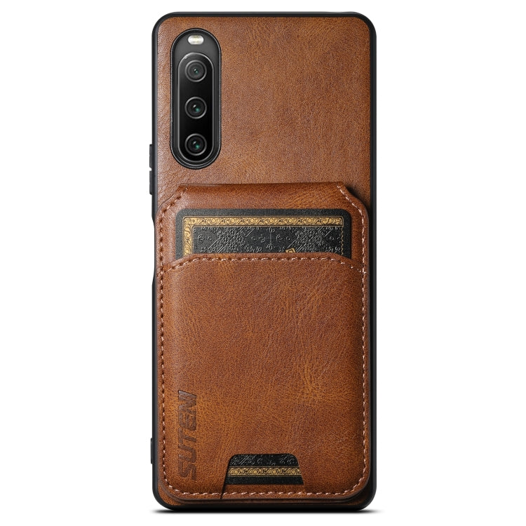 For Sony Xperia 10 IV Suteni H02 Leather Wallet Stand Back Phone case in black, showcasing card slot and stand functionality.