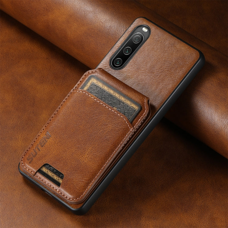 For Sony Xperia 10 IV Suteni H02 Leather Wallet Stand Back Phone case in black, showcasing card slot and stand functionality.