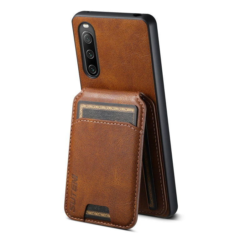 For Sony Xperia 10 IV Suteni H02 Leather Wallet Stand Back Phone case in black, showcasing card slot and stand functionality.