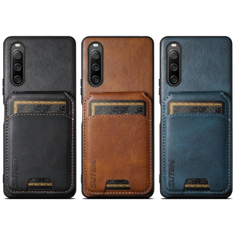 For Sony Xperia 10 IV Suteni H02 Leather Wallet Stand Back Phone case in black, showcasing card slot and stand functionality.