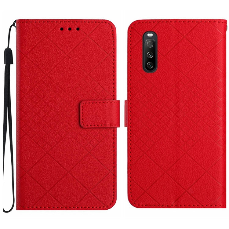 Red rhombic grid texture leather phone case for Sony Xperia 10 V, showcasing its stylish design and protective features.