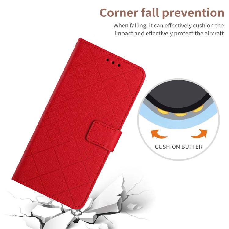 Red rhombic grid texture leather phone case for Sony Xperia 10 V, showcasing its stylish design and protective features.