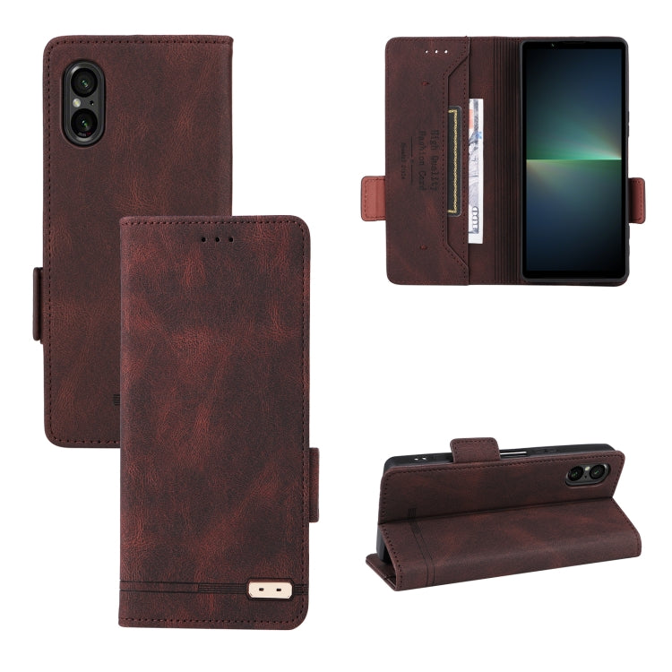 Brown magnetic clasp leather phone case for Sony Xperia 5 V, showcasing its elegant design and functional features.