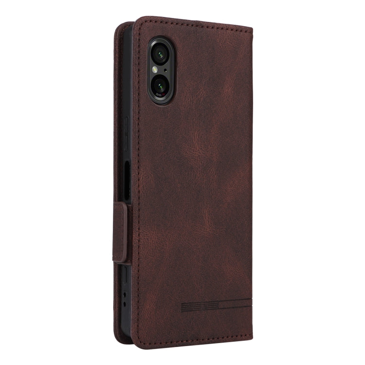 Brown magnetic clasp leather phone case for Sony Xperia 5 V, showcasing its elegant design and functional features.