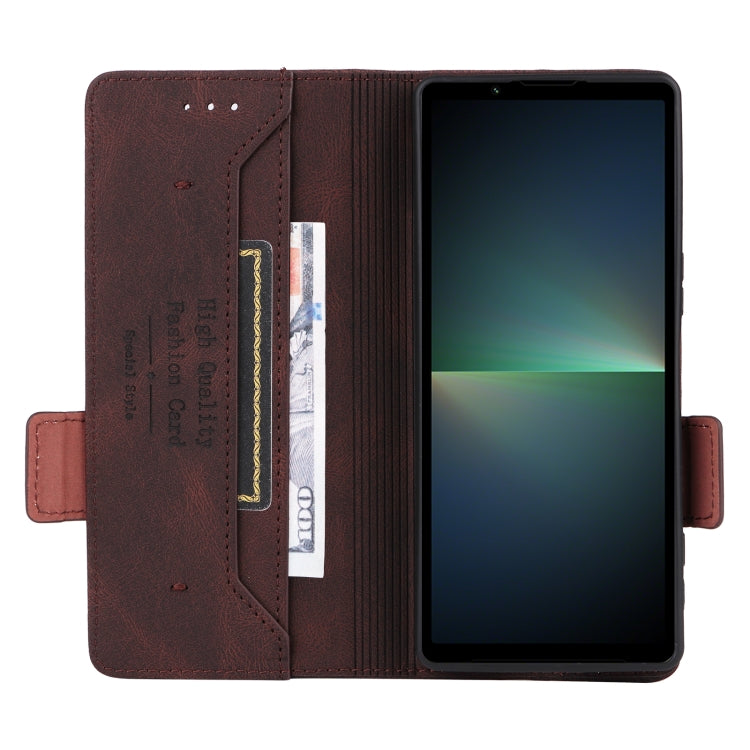 Brown magnetic clasp leather phone case for Sony Xperia 5 V, showcasing its elegant design and functional features.