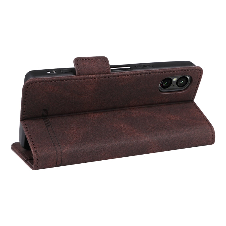 Brown magnetic clasp leather phone case for Sony Xperia 5 V, showcasing its elegant design and functional features.