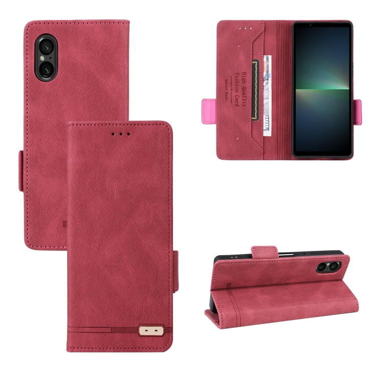 Red magnetic clasp leather phone case for Sony Xperia 5 V, showcasing its sleek design and functional features.