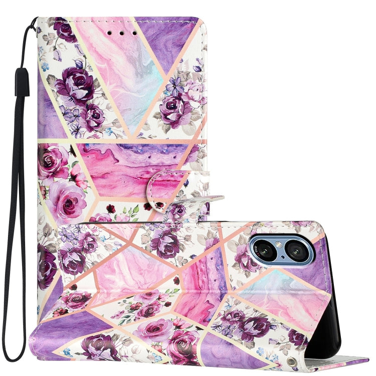 Purple Marble Leather Phone Case for Sony Xperia 5 V, showcasing its stylish design and functional features.