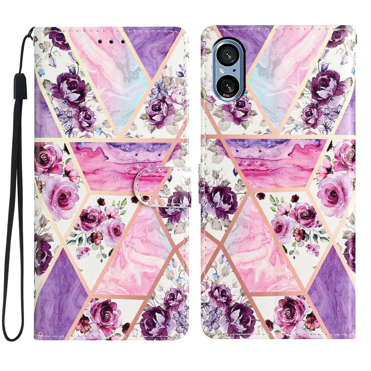 Purple Marble Leather Phone Case for Sony Xperia 5 V, showcasing its stylish design and functional features.