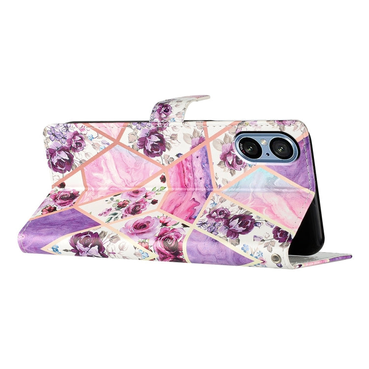 Purple Marble Leather Phone Case for Sony Xperia 5 V, showcasing its stylish design and functional features.