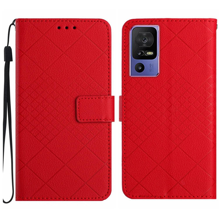 Red Rhombic Grid Texture Leather Phone Case for TCL 40 SE, showcasing its stylish design and functional features.