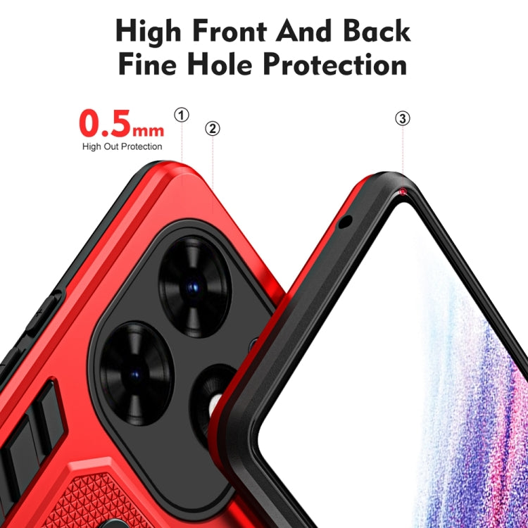 For Tecno Spark Go 2024 Brave Armor case featuring a finger loop holder and metal kickstand, showcasing its dual protection design.