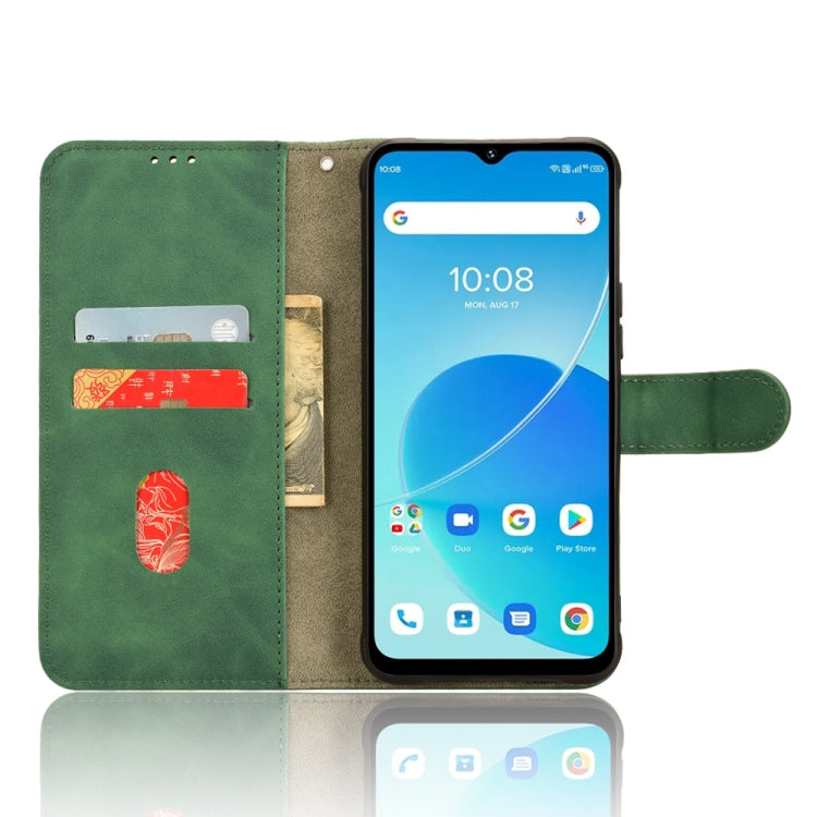 Green magnetic flip leather phone case for UMIDIGI G5, showcasing its stylish design and card slots.