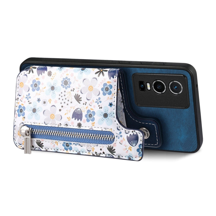 Blue Retro Painted Zipper Wallet Back Phone Case for Vivo iQOO 11 5G, showcasing its stylish design and functional features.