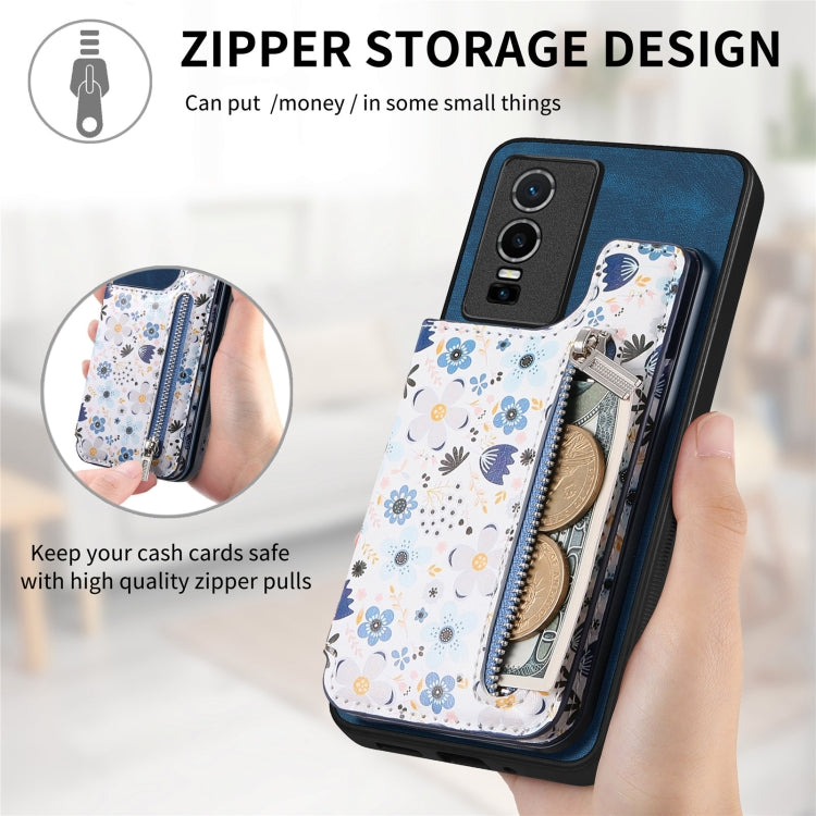 Blue Retro Painted Zipper Wallet Back Phone Case for Vivo iQOO 11 5G, showcasing its stylish design and functional features.