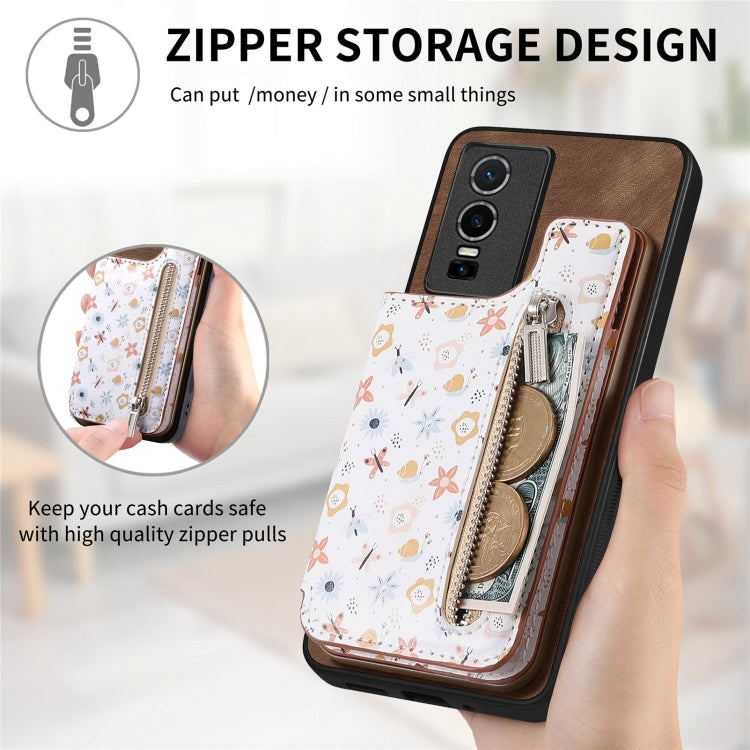 Brown retro painted zipper wallet case for Vivo iQOO Z8, showcasing its stylish design and card slots.