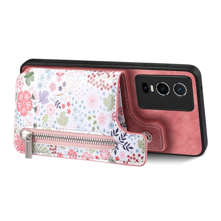 Pink retro painted zipper wallet case for Vivo iQOO Z8, showcasing card slots and kickstand feature.