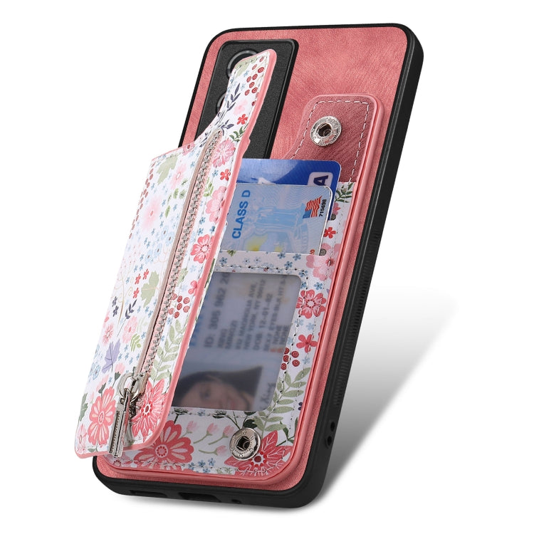 Pink retro painted zipper wallet case for Vivo iQOO Z8, showcasing card slots and kickstand feature.