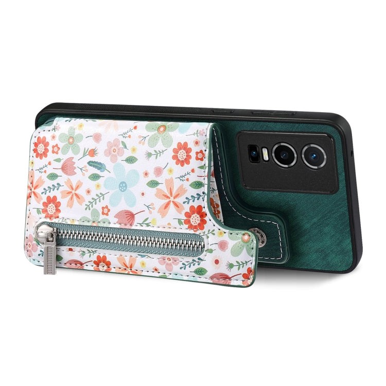 Green retro painted zipper wallet back phone case for Vivo S16 and V27, featuring card slots and a kickstand.