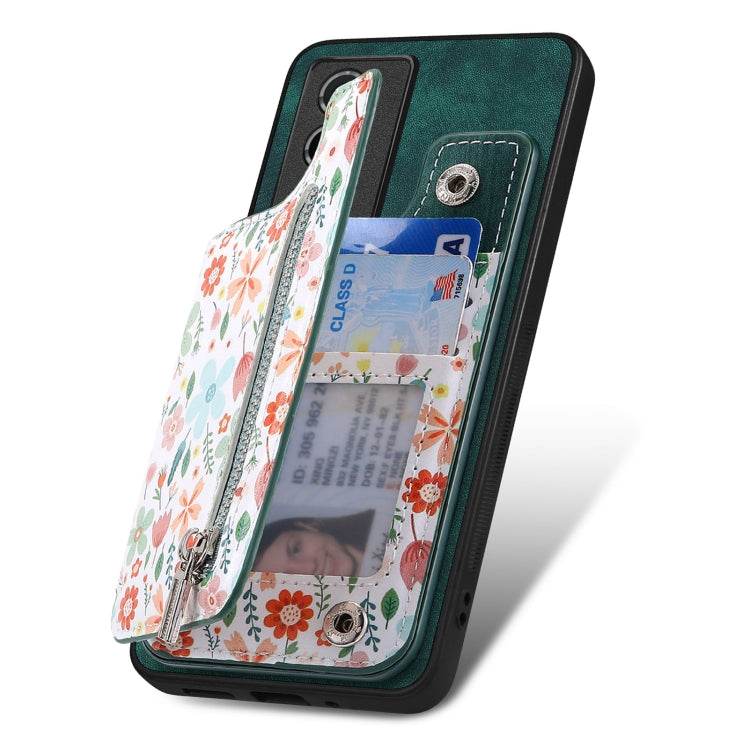 Green retro painted zipper wallet back phone case for Vivo S16 and V27, featuring card slots and a kickstand.