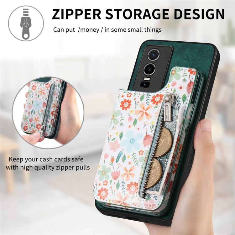 Green retro painted zipper wallet back phone case for Vivo S16 and V27, featuring card slots and a kickstand.