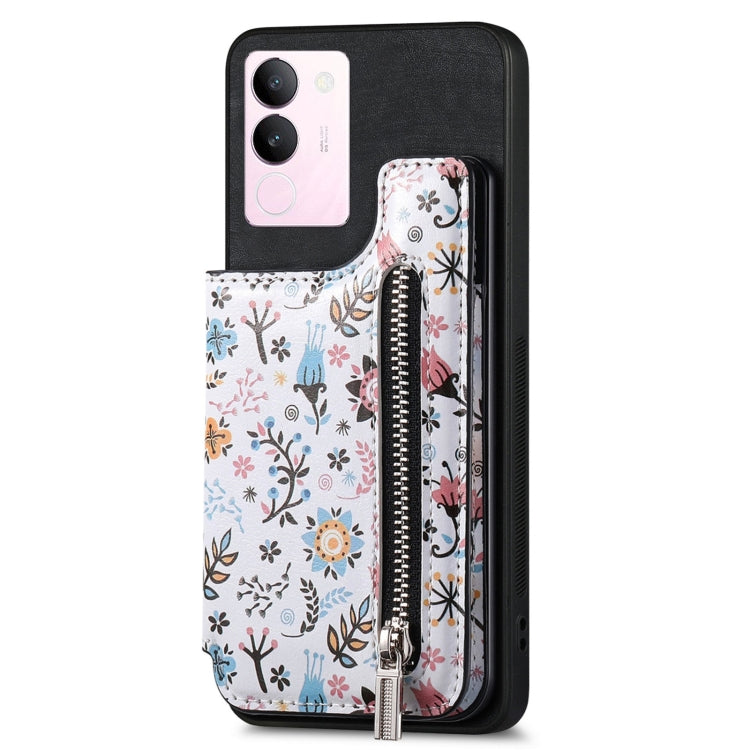 Vivo S17/S17 Pro/V29 Retro Painted Zipper Wallet Back Phone Case in stylish design, showcasing card slots and kickstand feature.