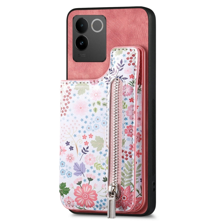 Pink retro painted zipper wallet back phone case for Vivo S17e and V29e, showcasing card slots and kickstand feature.