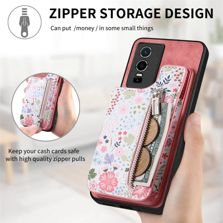 Pink retro painted zipper wallet back phone case for Vivo S17e and V29e, showcasing card slots and kickstand feature.