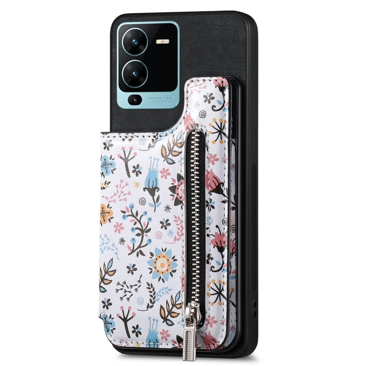 Black Retro Painted Zipper Wallet Back Phone Case for Vivo V25 Pro, showcasing its stylish design and functional features.