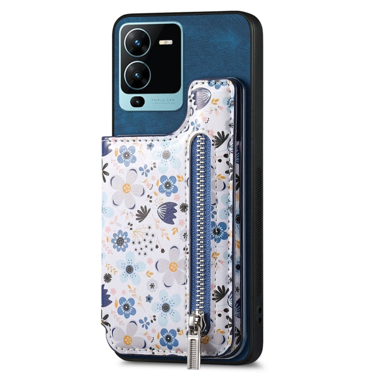 Blue retro painted zipper wallet case for Vivo V25 Pro, showcasing its stylish design and functional features.