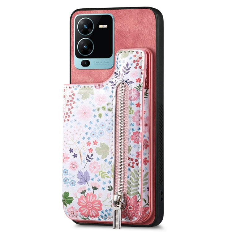 Pink retro painted zipper wallet case for Vivo V25 Pro, showcasing card slots and kickstand feature.