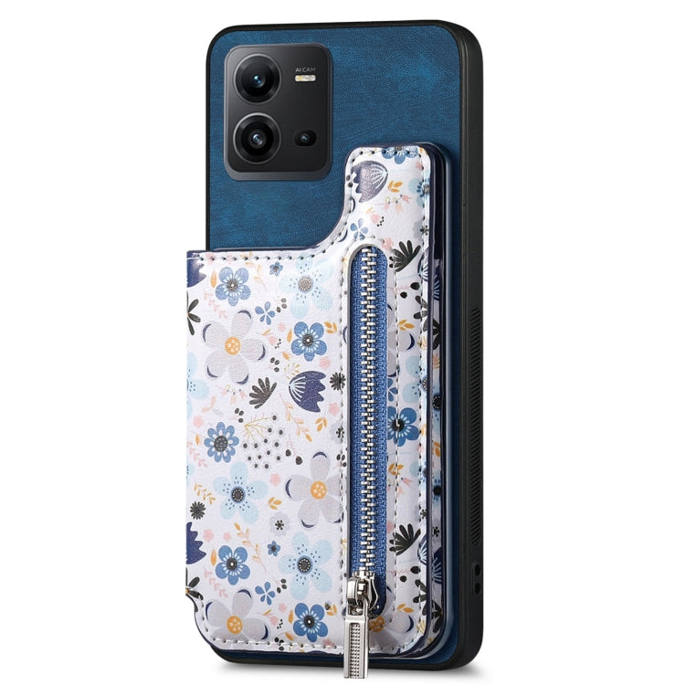 Blue retro painted zipper wallet case for Vivo V25, showcasing its stylish design and functional features.