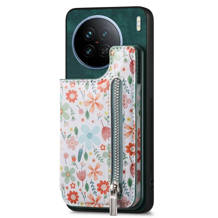 Green retro painted zipper wallet case for Vivo X90, showcasing card slots and kickstand functionality.