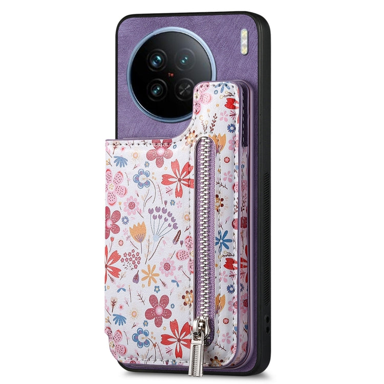 Purple retro painted zipper wallet case for Vivo X90, showcasing card slots and kickstand functionality.