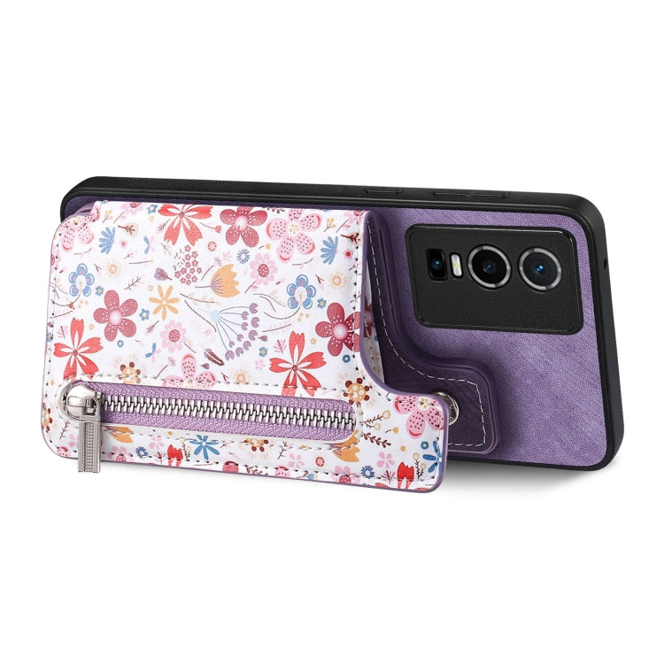 Purple retro painted zipper wallet case for Vivo X90, showcasing card slots and kickstand functionality.