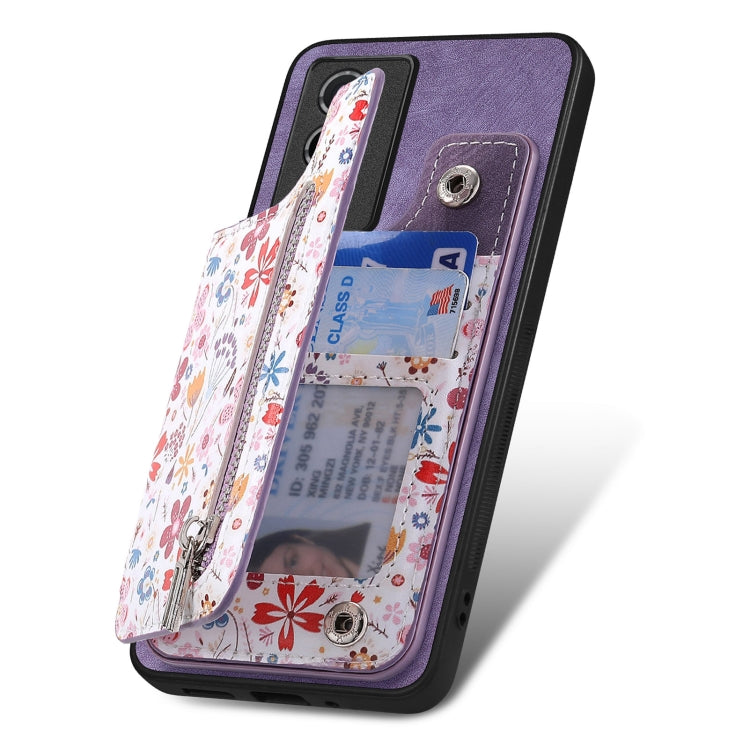 Purple retro painted zipper wallet case for Vivo X90, showcasing card slots and kickstand functionality.