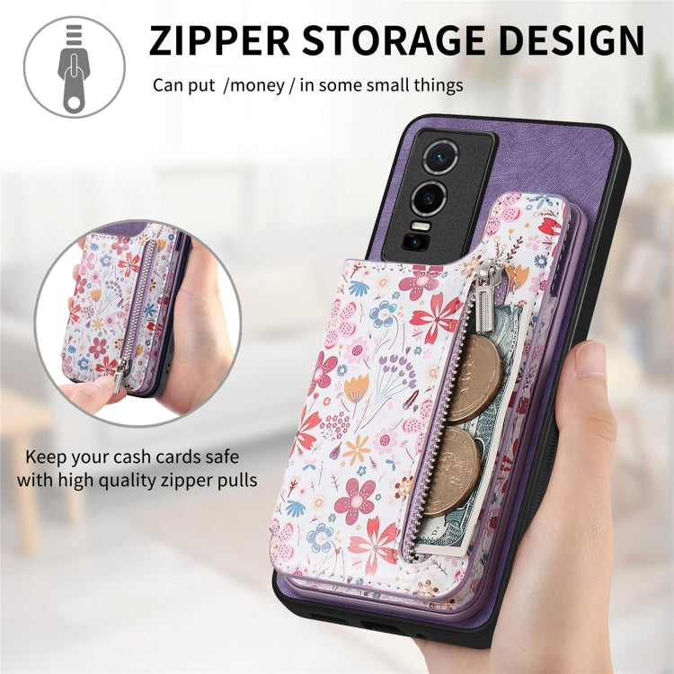 Purple retro painted zipper wallet case for Vivo X90, showcasing card slots and kickstand functionality.