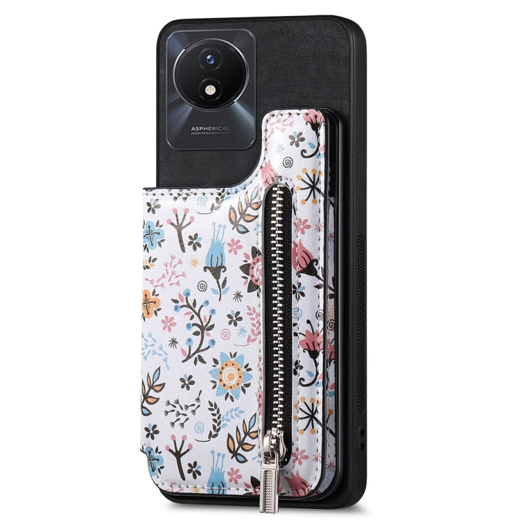 For Vivo Y02 Retro Painted Zipper Wallet Back Phone Case in Black, showcasing its stylish design and functional features.