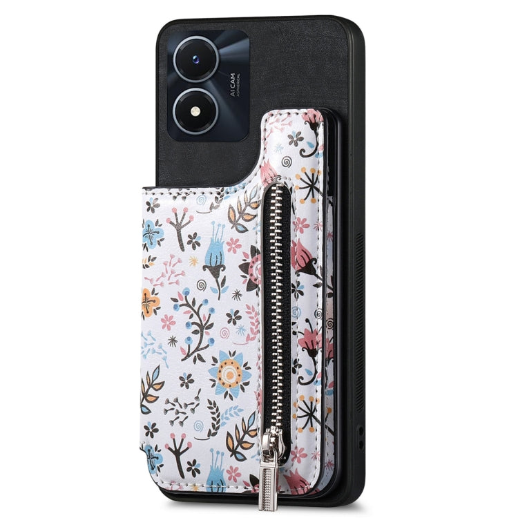 Black Retro Painted Zipper Wallet Back Phone Case for Vivo Y02s, showcasing its stylish design and functional features.