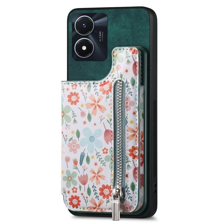 Green retro painted zipper wallet back phone case for Vivo Y02s, featuring card slots and a kickstand.