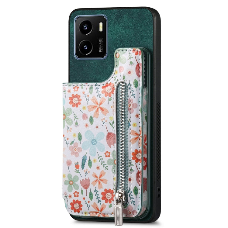 Green retro painted zipper wallet case for Vivo Y15S, showcasing its stylish design and functional features.