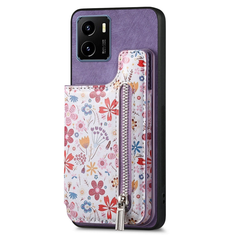 Purple retro painted zipper wallet case for Vivo Y15S, showcasing its stylish design and functional features.