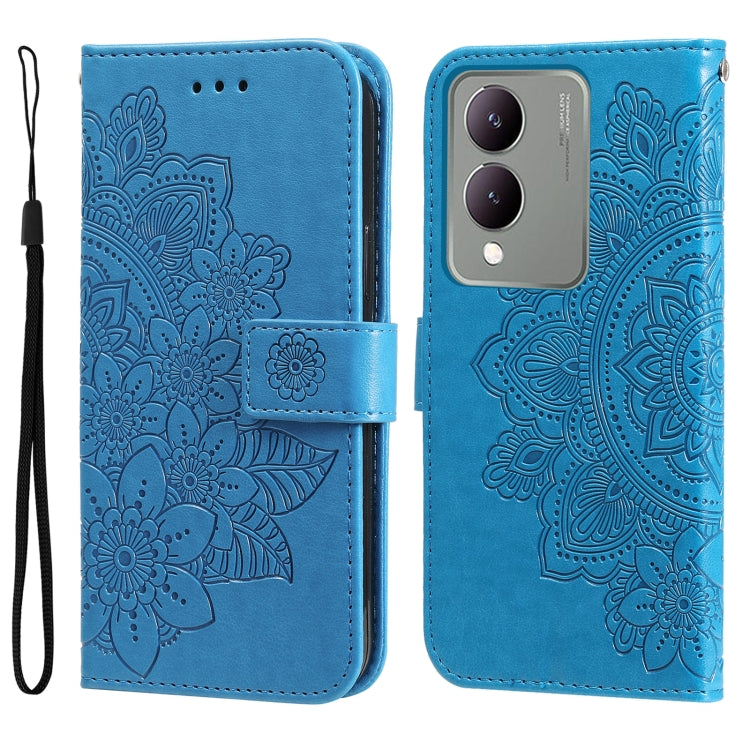 Blue leather phone case for Vivo Y17s with 7-petal flowers embossing, showcasing its stylish design and functionality.