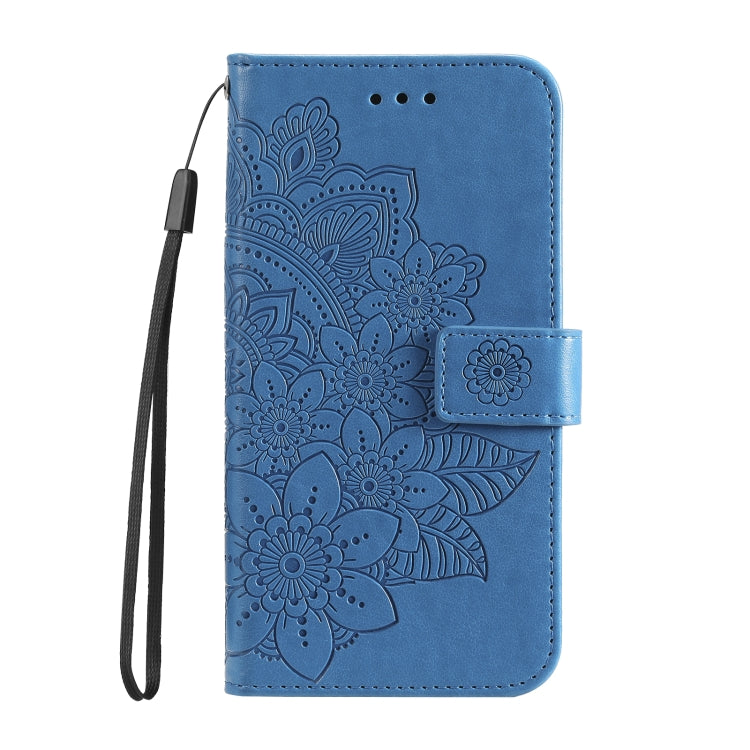 Blue leather phone case for Vivo Y17s with 7-petal flowers embossing, showcasing its stylish design and functionality.