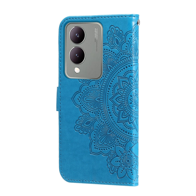 Blue leather phone case for Vivo Y17s with 7-petal flowers embossing, showcasing its stylish design and functionality.