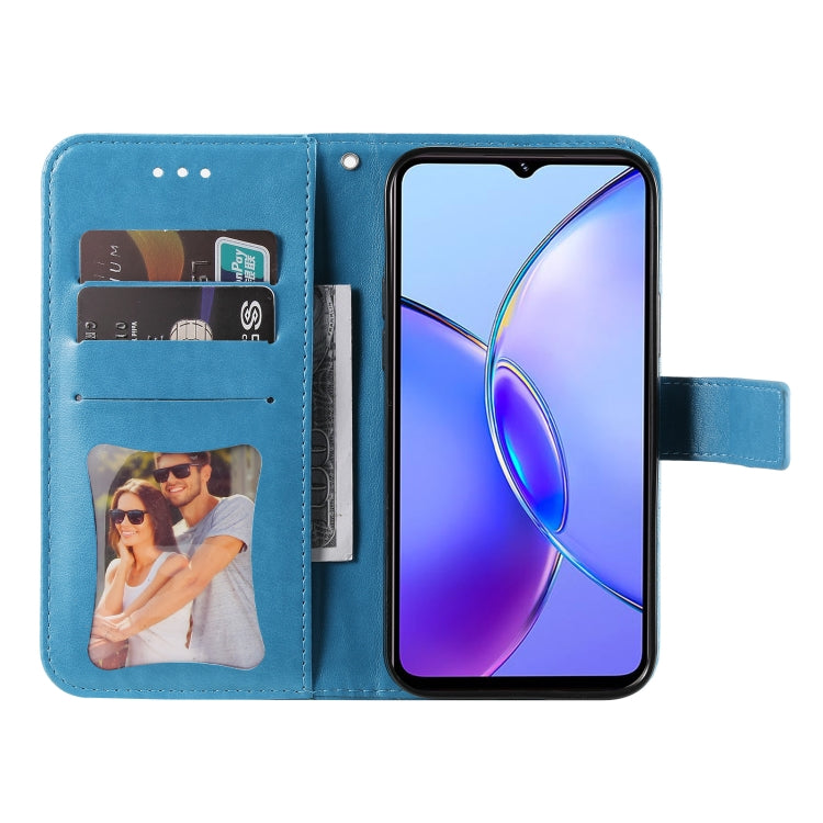 Blue leather phone case for Vivo Y17s with 7-petal flowers embossing, showcasing its stylish design and functionality.