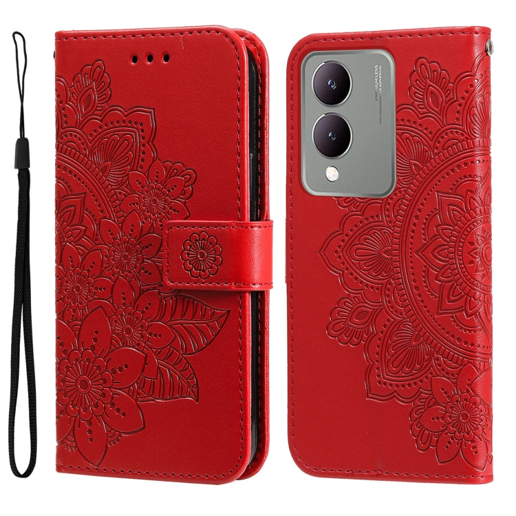 Red leather phone case for Vivo Y17s with 7-petal flower embossing design, showcasing durability and style.