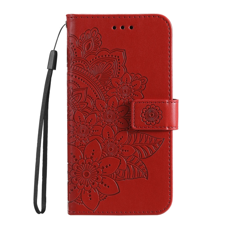 Red leather phone case for Vivo Y17s with 7-petal flower embossing design, showcasing durability and style.